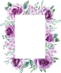 Rose Purple Watercolor flower frame. lilac flower elements, botanical background or wallpaper design, prints and invitations, and postcards.