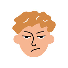 Bored boy avatar. Child face portrait with skeptical facial expression hand drawn doodle sketch vector illustration isolated on white