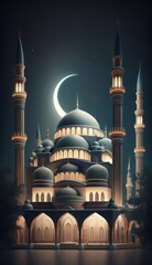 Fototapeta na wymiar Modern Architecture of Islamic Mosque at night. Ramadan, Eid Mubarak concept. Generative AI.