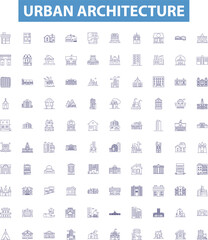 Urban architecture line icons, signs set. Urbanity, Architecture, Buildings, Skyscrapers, Townhouses, High rises, Cities, Yards, Streets outline vector illustrations.