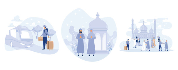 back to village or hometown while before Eid, Muslim Eid Fitr celebrating concept, set flat vector modern illustration