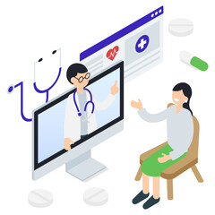 自宅で医師の診察を受けるオンライン診療のアイソメトリックイラスト