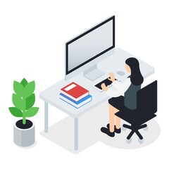 デスクで座ってパソコンを使っている女性事務スタッフのアイソメトリックイラスト