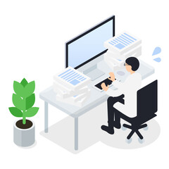 残業・業務が多い男性医師のアイソメトリックイラスト