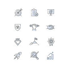 Core values icon set. The modern symbol of company core values, vector line icons with editable strokes..	