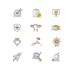 Fototapeta premium Core values icon set. The modern symbol of company core values, vector line icons with editable strokes.. 