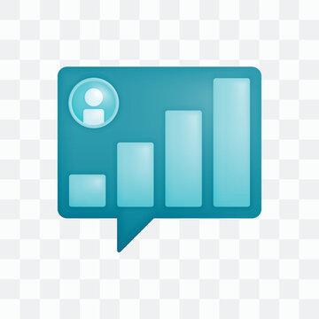 Vector icon with 3d render style of speech bubbles for corporate performance meetings with rising bar charts and employee profiles. Can be used for ads, poster, startup apps, banner, website, template