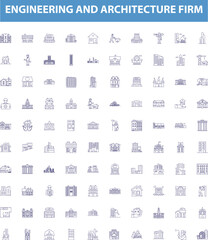 Engineering and architecture firm line icons, signs set. Engineering, Architecture, Firm, Consulting, Structural, Design, Construction, Facility, Infrastructure outline vector illustrations.