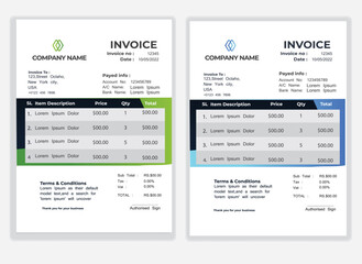 Business Minimal Corporate Invoice design template vector illustration bill form price . Creative template and stationery design payment agreement design template Cash Memo, Vector Quotation Design