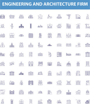 Engineering and architecture firm line icons, signs set. Engineering, Architecture, Firm, Consulting, Structural, Design, Construction, Facility, Infrastructure outline vector illustrations.