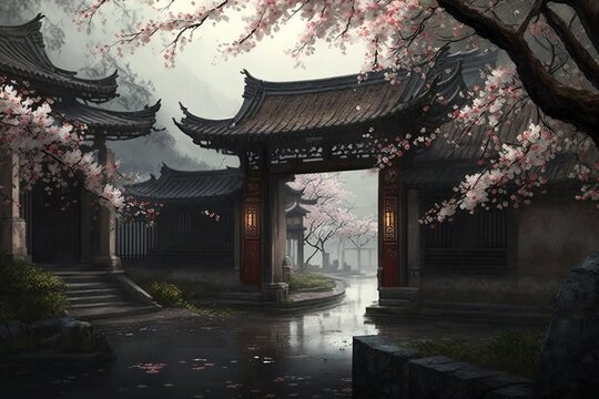 Ancient town streets full of peach blossoms. AI technology generated image