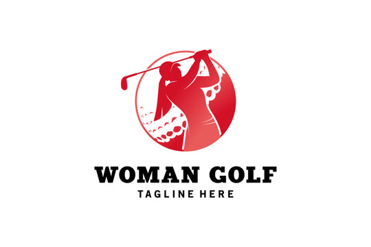 Retro woman golf sport logo design, silhouette vector illustration of woman playing golf