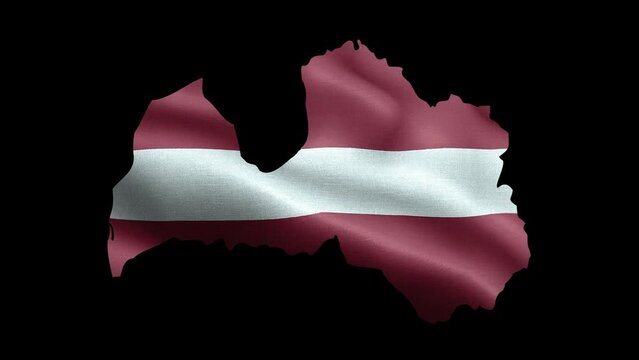 4K waving national flag of Latvia on the map. Alpha channel seamless Latvian flag on territory. Outline geographic country border of Latvia stock video.