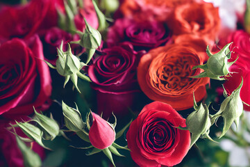 Closeup macro blossom vivid red color rose bouquets with ravishing realistic detail. Beautiful floral scenery and flower background for beauty perfume product by Generative AI.