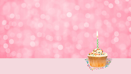 Birthday cupcake with burning candle against a blured background with copy space. Empty space for text. Shade trendy color of the year 2023 - Viva Magenta background