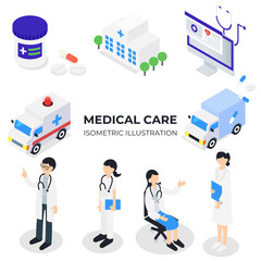 医療系のアイソメトリックイラストセット(医療従事者や救急車など)