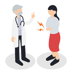 腹痛で受診する女性と医師のアイソメトリックイラスト