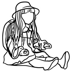 Obraz premium Young girl with backpack, Back to school concept line art.