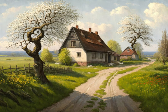 Farmhouse in spring with road and meadow as a digital illustration (Generative AI)