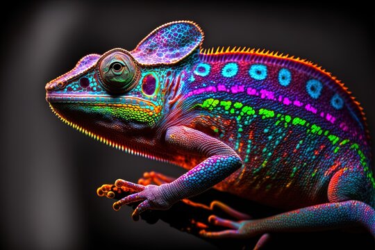 Color changing color gradient chameleon, strong neon glow in 8K created with generative ai technology