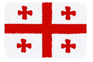 Painting of the Georgian flag with visible brush strokes. Red crosses on a white background, textured and artistic