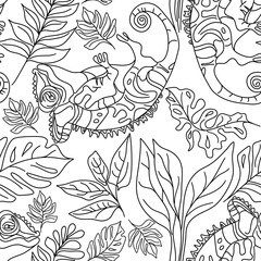 Seamless floral pattern with chameleon in tropical rainforest vector illustration 