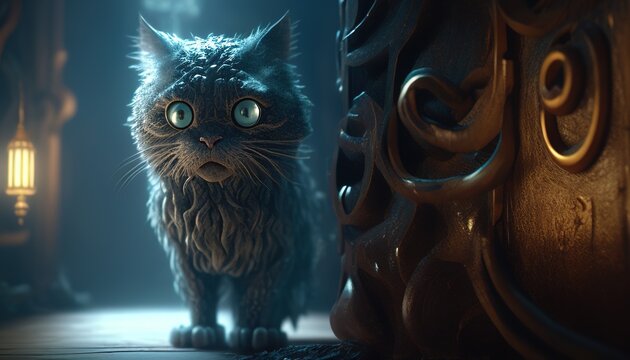 cursed cat digital art illustration, Generative AI