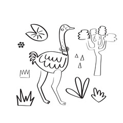 Ostrich surrounded by tropical plants. Vector illustration of a cute safari animal isolated on white background for your design.
