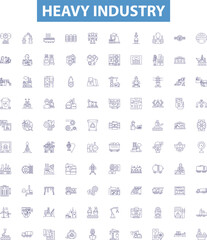 Heavy industry line icons, signs set. Manufacturing, Fabrication, Machining, Mining, Metallurgy, Automation, Robotics, Steelmaking, Smelting outline vector illustrations.