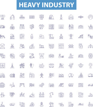 Heavy industry line icons, signs set. Manufacturing, Fabrication, Machining, Mining, Metallurgy, Automation, Robotics, Steelmaking, Smelting outline vector illustrations.