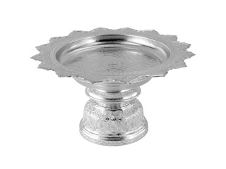 antique thai aluminium silver tray with pedestal with serrated edge isolated on transparent, southeast asian art engraved metal utensil for use in religion ceremony or cultural festival