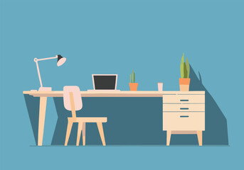 Fototapeta premium business office, minimalist, organized, workspace, table and chair, laptop and plants, lamp, flat design, pastel colors, blue background