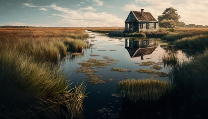 Fototapeta premium Life down by the marshland unsplash lake in the morning Generative AI