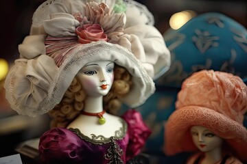 Antique Ceramic Hats in Colorful Porcelain Dolls. Photo generative AI