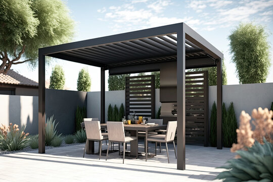 Modern patio furniture include a pergola shade structure, an awning, a patio roof, a dining table, seats, and a metal grill, generative AI