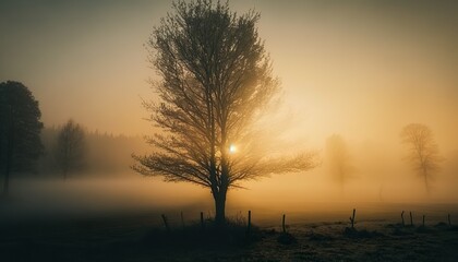 Fototapeta premium The mystery of a foggy morning unsplash sunrise in the fog Generative AI