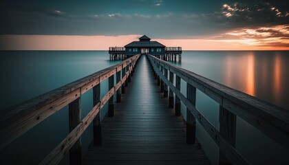 Fototapeta na wymiar A pier stretching out over calm waters unsplash pier at sunset Generative AI