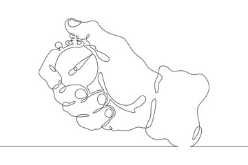 One continuous line. Stopwatch in hand. The hand holds a sports stopwatch. The coach fixes the time. One continuous line drawn isolated, white background.