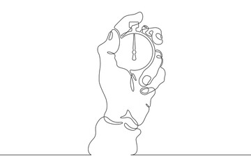 One continuous line. Stopwatch in hand. The hand holds a sports stopwatch. The coach fixes the time. One continuous line drawn isolated, white background.