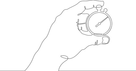 One continuous line. Stopwatch in hand. The hand holds a sports stopwatch. The coach fixes the time. One continuous line drawn isolated, white background.