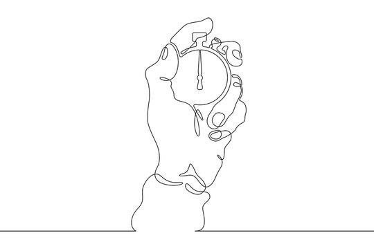 One continuous line. Stopwatch in hand. The hand holds a sports stopwatch. The coach fixes the time. One continuous line drawn isolated, white background.