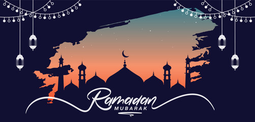 Illustration of Ramadan Kaareem Background, Silhouette Mosque Design with Islamic Ornaments and Calligraphy. Beautiful Night Scene of Holy Month Ramadan. Shab-e-Barat Concept Banner Design © Shadan Ali