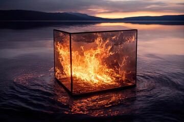 glass box fire in the middle of the lake. generative ai