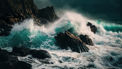 Waves crashing on a rocky shore unsplash  Generative AI