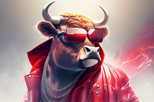 A bull wearing a red jacket and sunglasses. Generative AI, Generative, AI