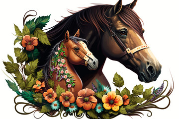Horse Mother and child flower gift cartoon characters, Generative AI