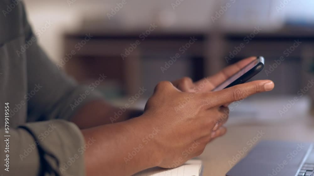 Poster smartphone in hands, typing and chat, man at desk during work break and communication with technolog