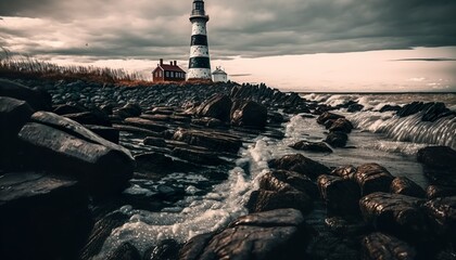 Obraz premium A rocky shore with a lighthouse in the distance unsplash Generative AI