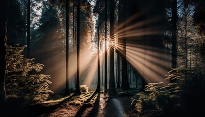 Sunbeams filtering through trees in a forest unsplash sunrise in the forest  Generative AI