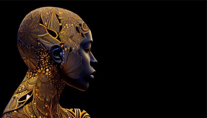 A mannequin face with fractal pattern on black background. Generative AI, Generative, AI